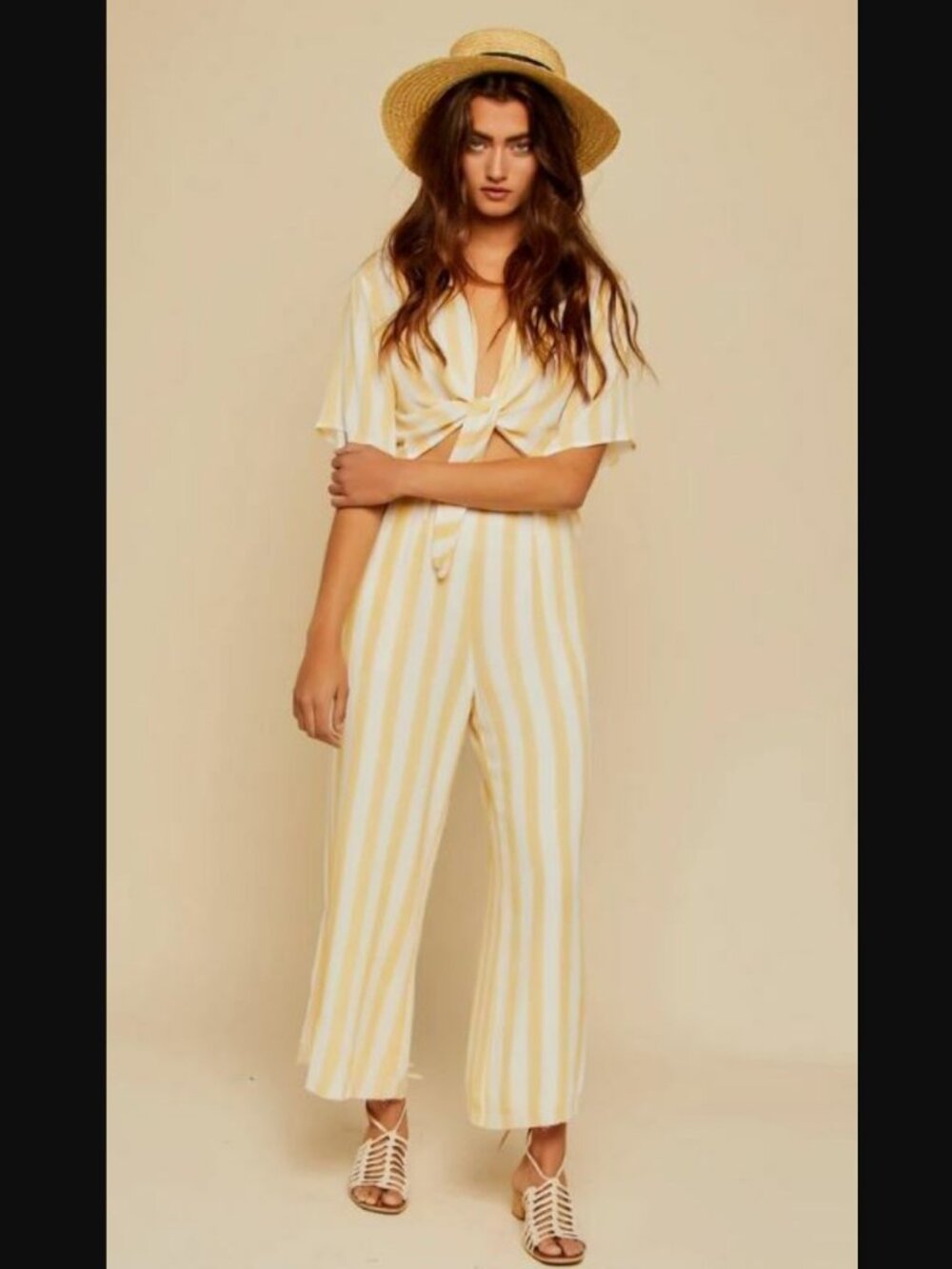 12th Tribe Striped Yellow White Pants Tie Crop Top Set XS